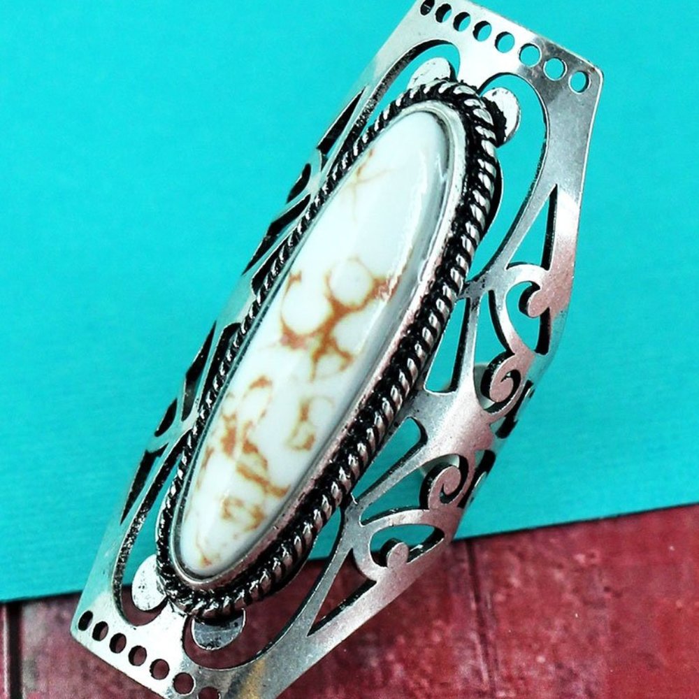 BURNISHED SILVERTONE AND WHITE STONE OVAL CUFF RING